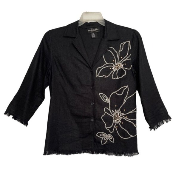 REQUIREMENTS Women's Linen Blend Black Beaded Button Blouse Medium Embroidery - Picture 12 of 13